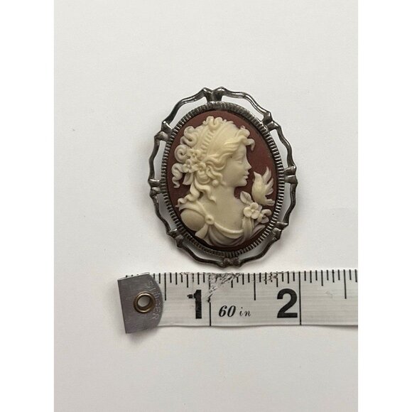 Vintage Cameo Brooch Pin Silver Tone Lady Face Bird Floral - Picture 1 of 4